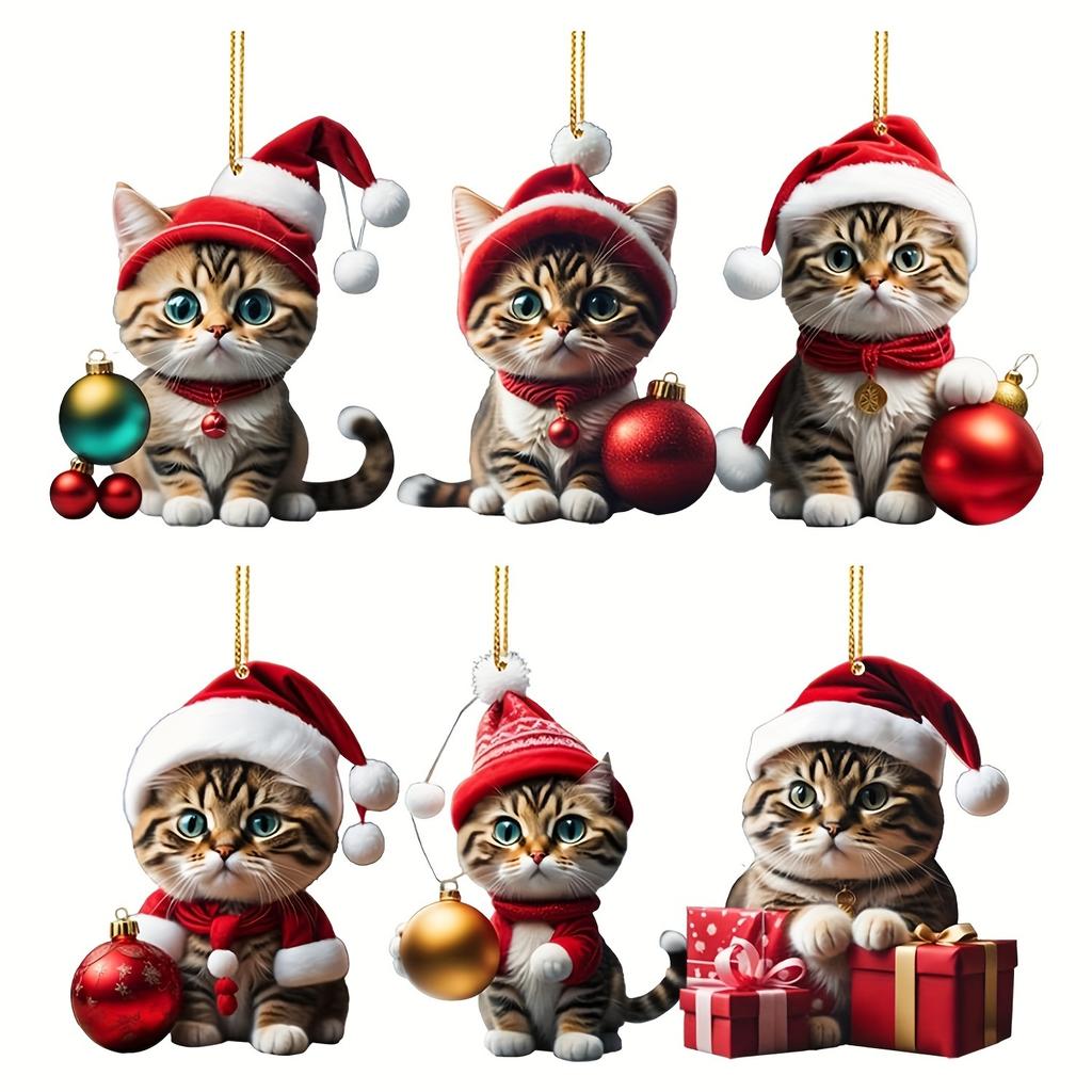 6Pcs Christmas Pendents Set Cartoon 2D Acrylic Cats Ornament with Lanyard Festive Christmas Party Pendant Home DIY Decoration