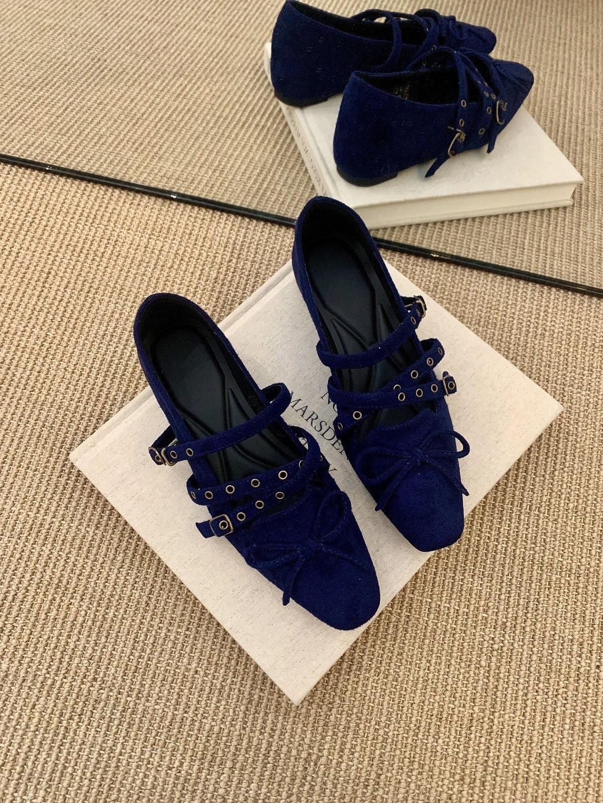 

Inner heightening retro single shoes square head bow ballet shoes spring and autumn Mary Jane evening shoes 40 королівський синій колір