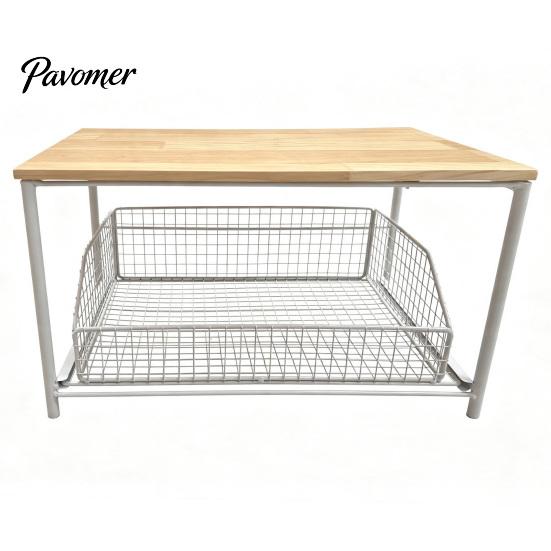 Durable Coffee Maker Holder Storage Rack with Drawer, Two Tier Countertop Organizer, Wood Snack Organizer for Closet Top And Metal Basket Kitchen