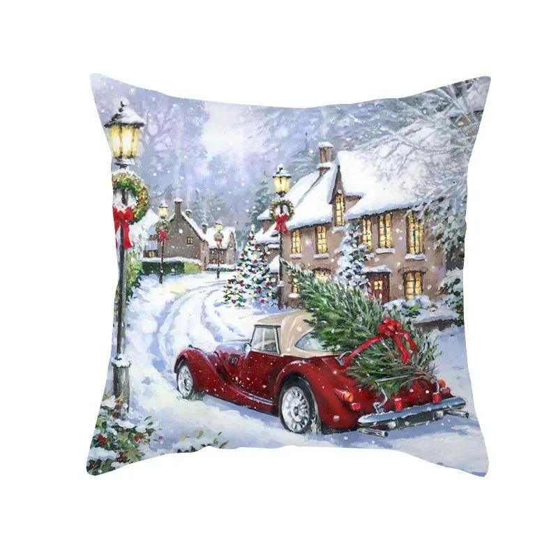 Winter Snow Scene Christmas Pillowcase New Year Home Decoration Sofa Cushion Cover Christmas Tree Printed Pillowcase