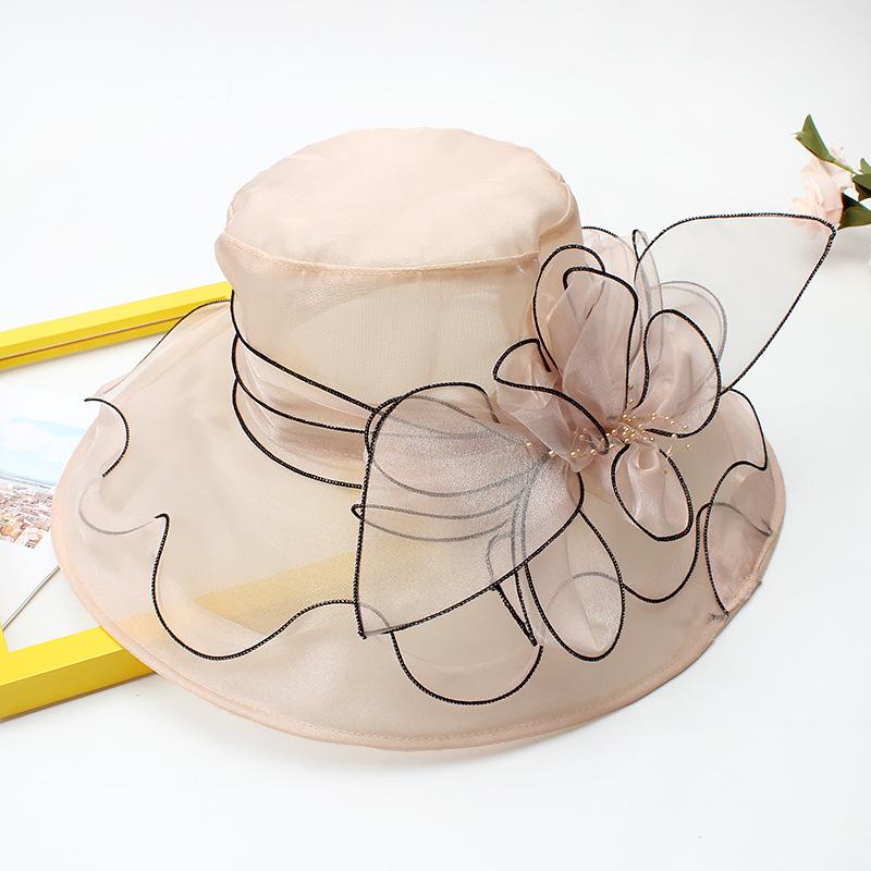 Hat Female Summer Vintage British Style Organza Flower Vacation Big Eaves Beach Sunscreen Flat Top Sun Hat
