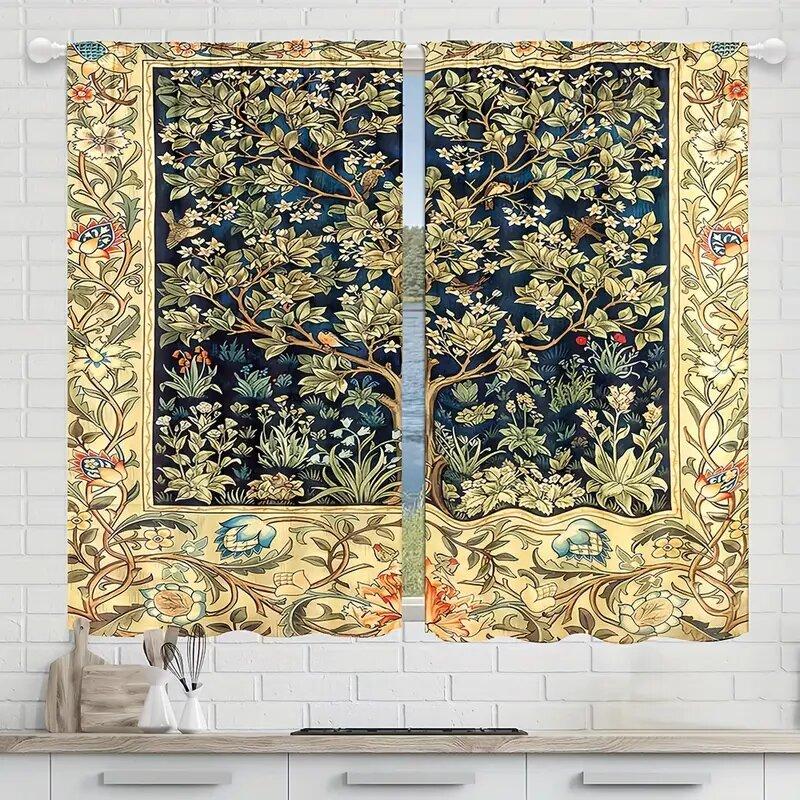 2 pieces - Flower-and-bird pattern printed curtains on trees, window decorations, home decorations, room decorations