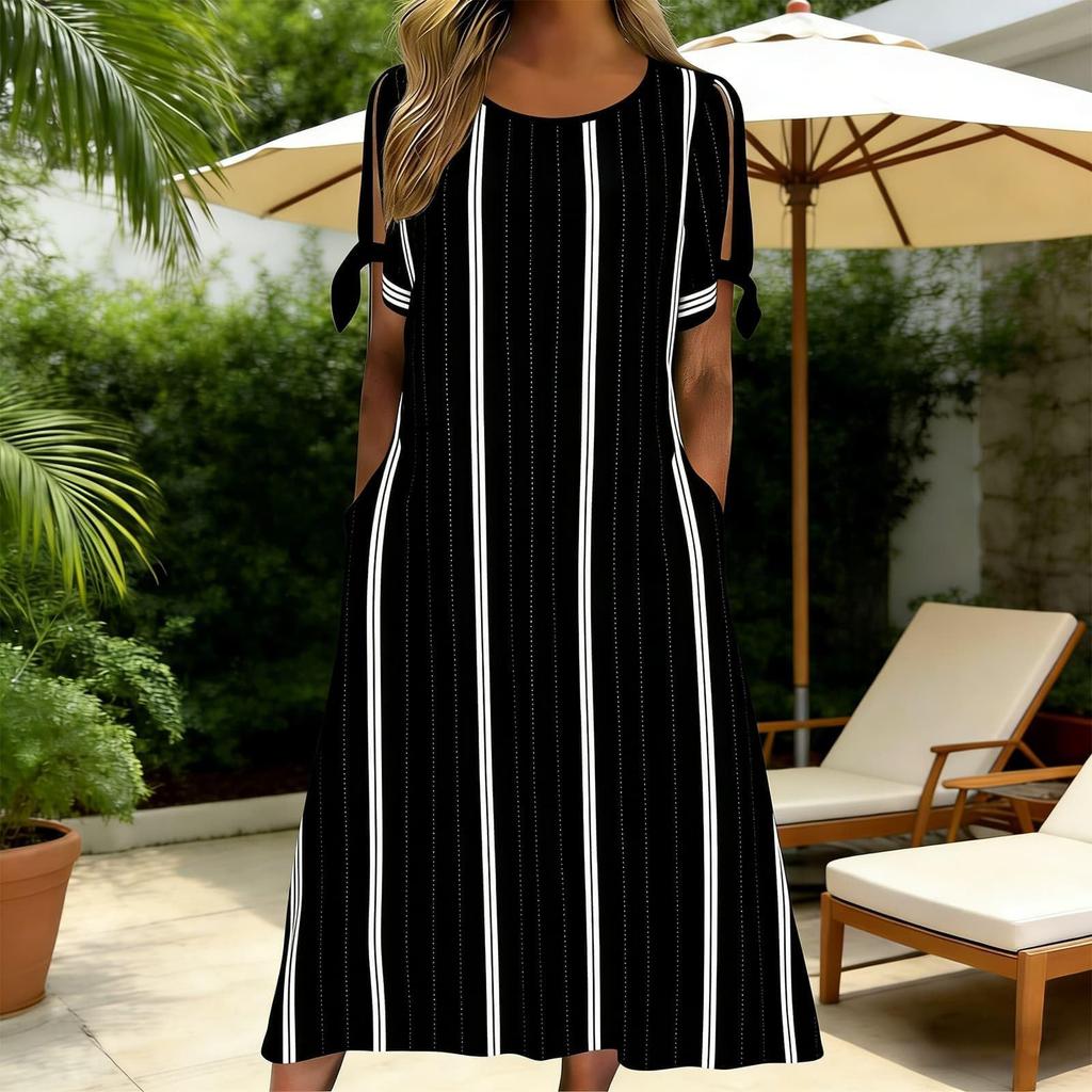 Women Summer Casual Round Neck Striped Dress Short Sleeve Loose Fit Midi Dress with Side Tie Sleeves and Pockets