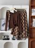 2025 Early Autumn Women's Casual Long-Sleeve T-Shirt & High-Waisted Plaid Skirt Set