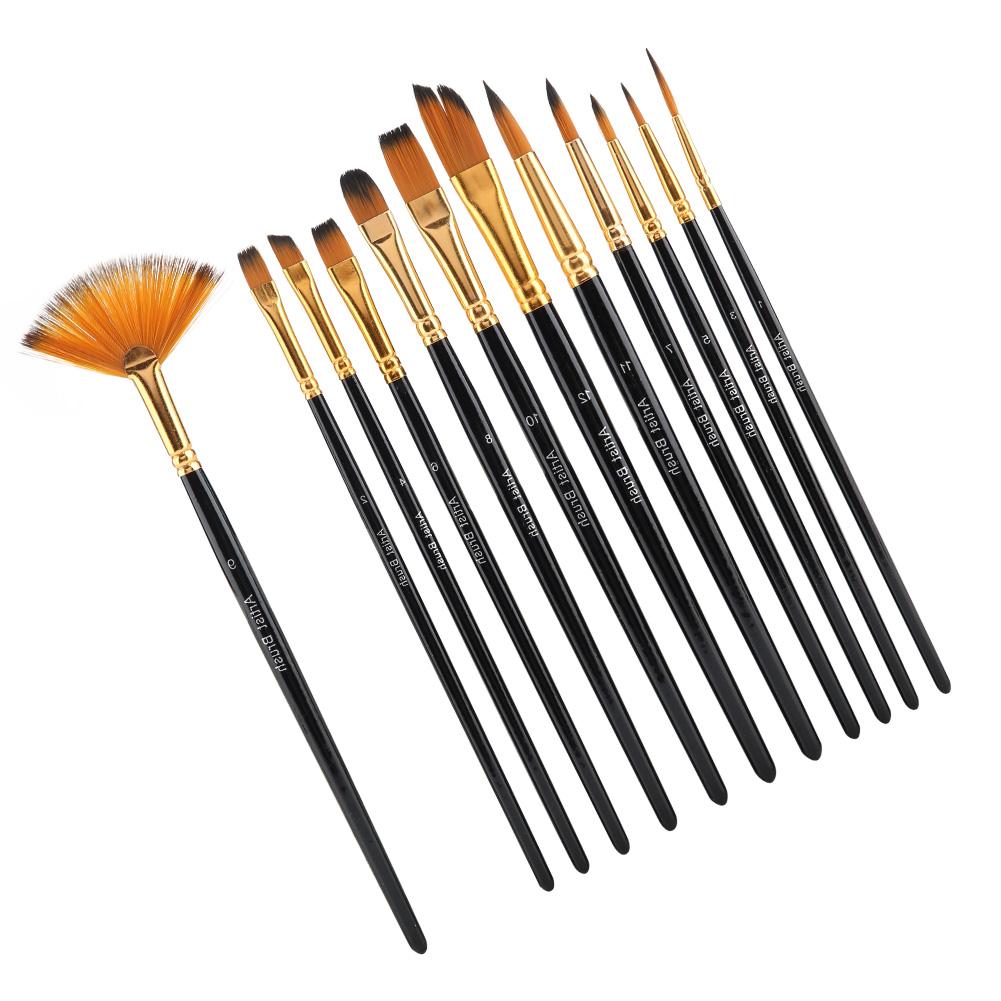 12pcs Black Wooden Pole Nylon Hair Paint Brush Set Art Craft Painting Watercolor Brush Kit