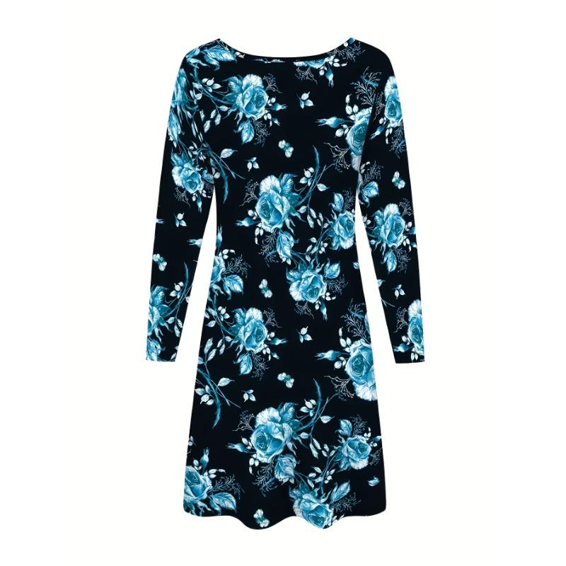Autumn Winter Dress, Women'S Long Sleeve Round Neck T-Shirt Dress, Digital Floral Print Dress, Fashion Casual Long Dress