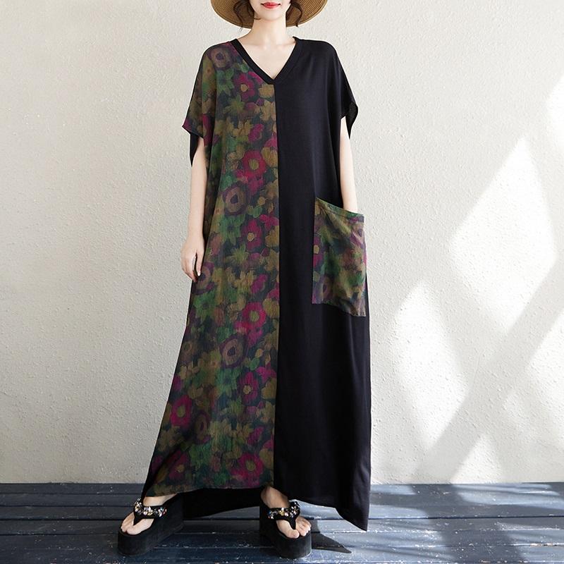 Short Sleeve Plus Size Cotton Vintage Floral New In Dresses for Women Casual Loose Maxi Long Summer Dress