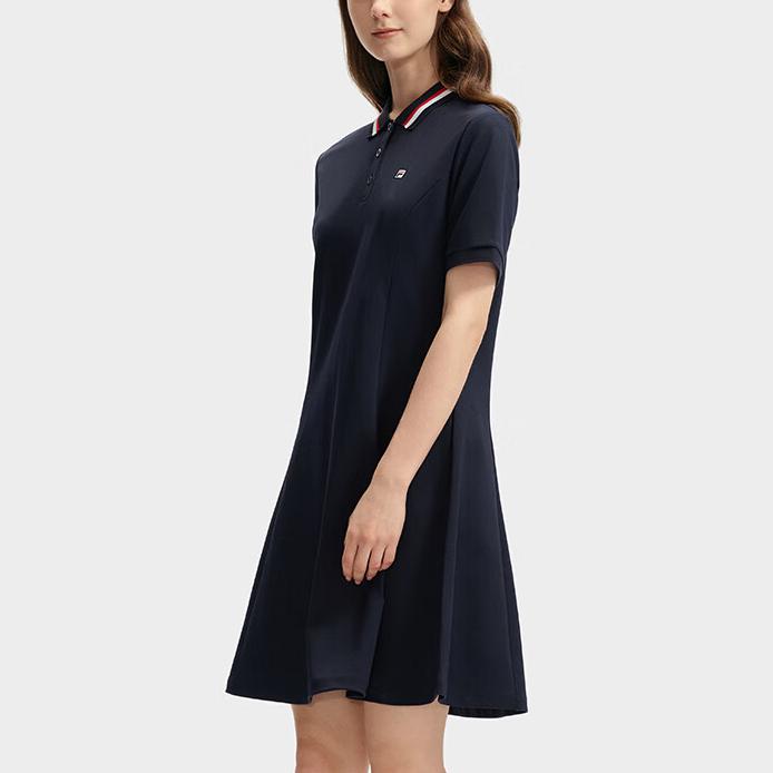 FILA Logo Solid Color Casual Sport Simple Fashion Modern Polo Short Sleeve Dress Women Dresses Legendary-Blue F51W421309A-NV