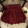 Women's Red Lace Trim Mini Skirt High Waist Ruched Tie-Up A-Line Ruffle Skirt