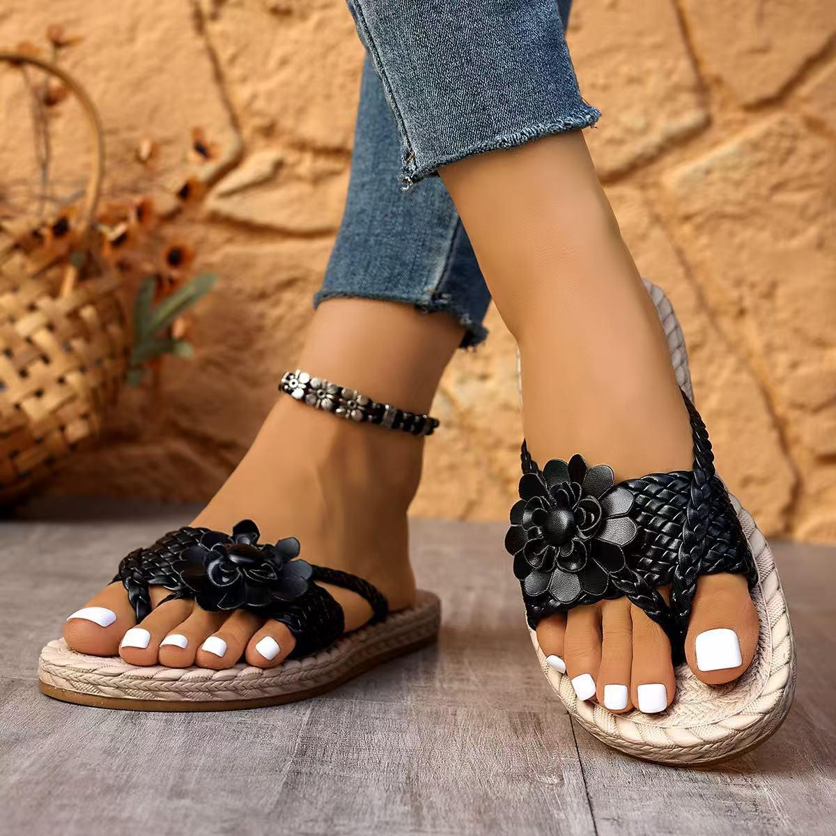 2025 Summer Plus Size Floral Thong Sandals - Women s Casual Outdoor Flip-Flops EU 38 чёрный