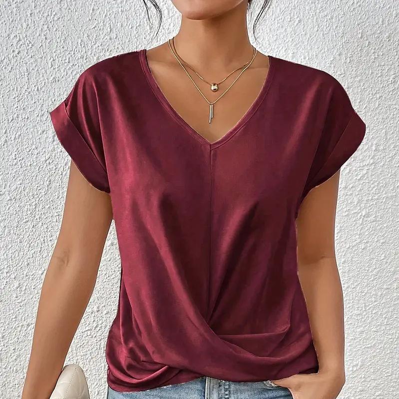 Women's Solid Color V-neck T-shirt Elegant Short-sleeved Blouse Spring and Summer Casual Women's Clothing