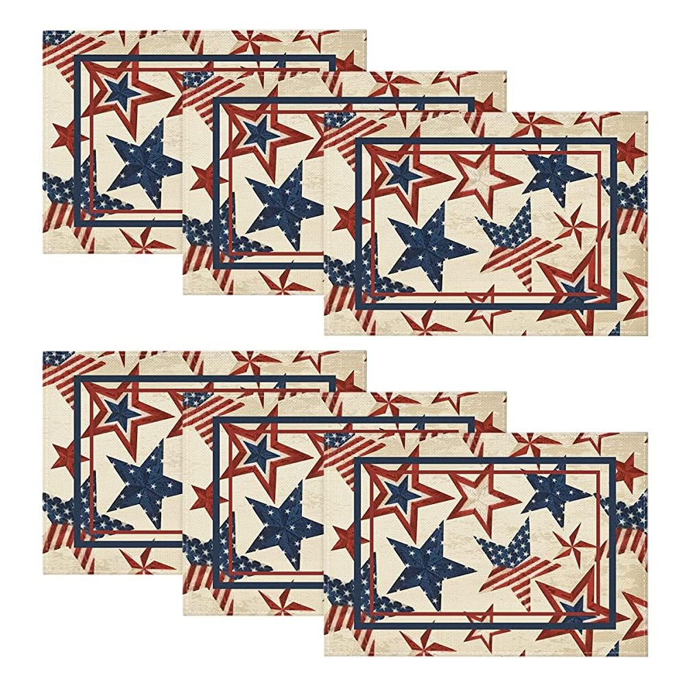 Stars Stripes Patriotic 4th of July Placemats Set of 4, 12x18 Inch Memorial Day Table Mats for Party Kitchen Dining Decoration Beige