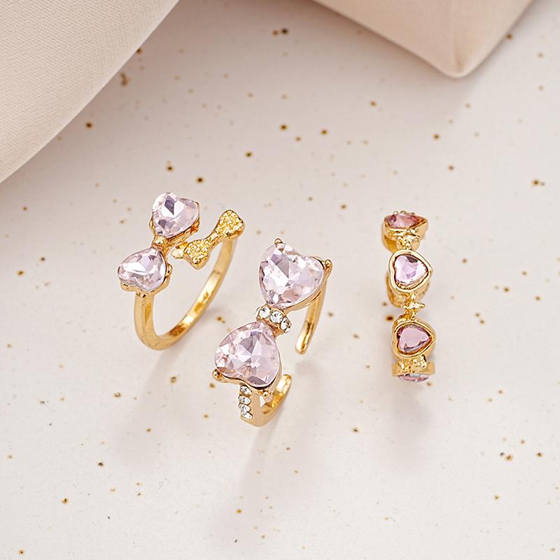 Vintage Y2K Pink Heart Zircon Bowknot Ring For Women Boho Kpop Sweet Girls Open Finger Rings Party Gift Jewelry