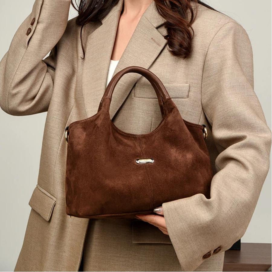 2025 New Large Capacity Suede Frosted Women's Handbag Retro Mom Bag Single Shoulder Crossbag Casual Simple Top-Handle Tote