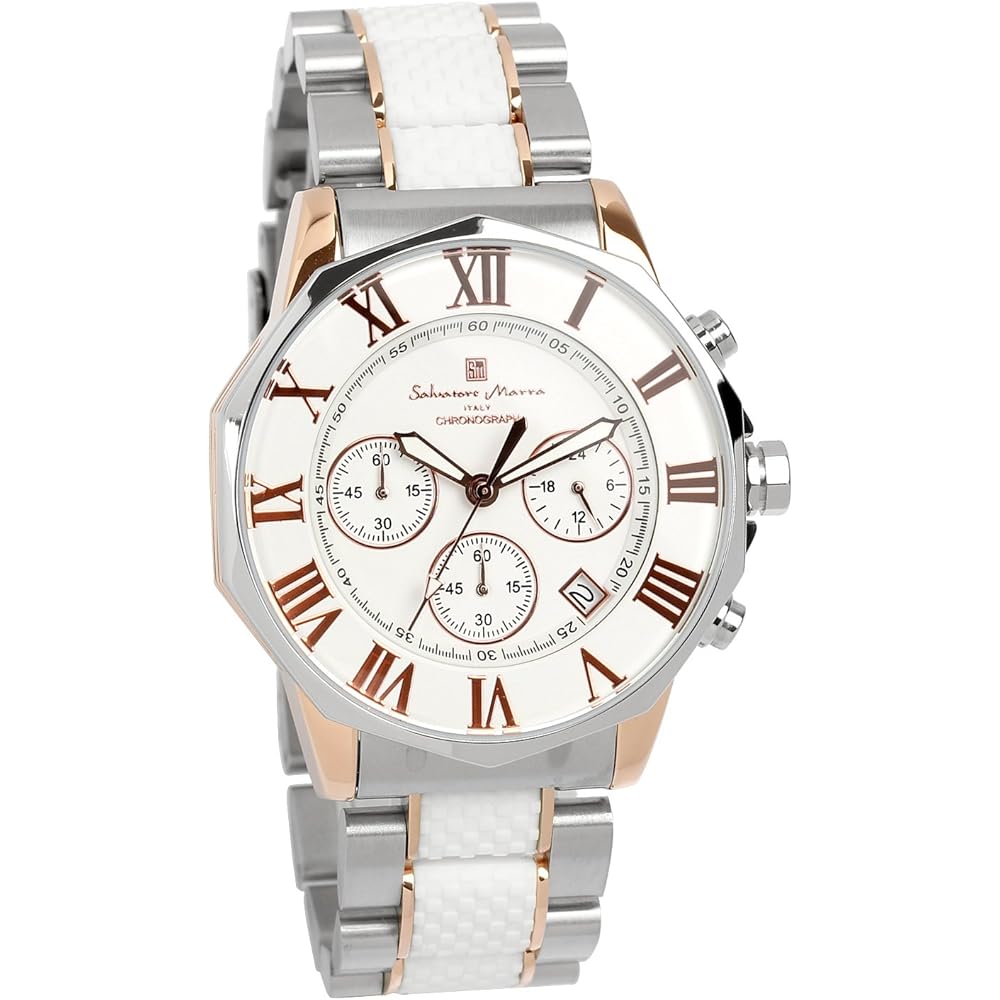 Salvatore Marra Men's Chronograph Watch 10 ATM Water Resistant White Pink Gold Limited Edition