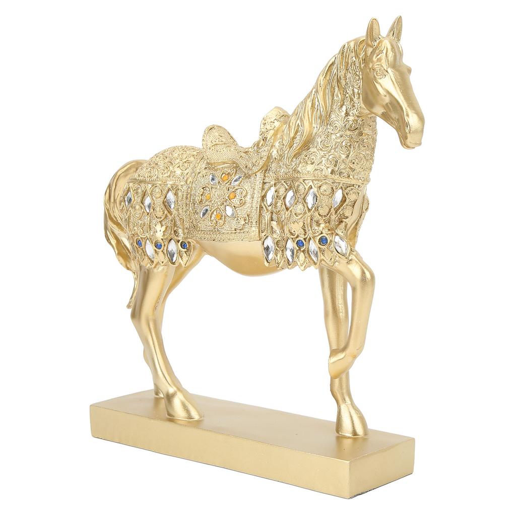 Golden Horse Statue Resin Animal Art Walking Horse Figurine Wealth Fengshui Ornament for Living Room Bedroom Porch Study Office