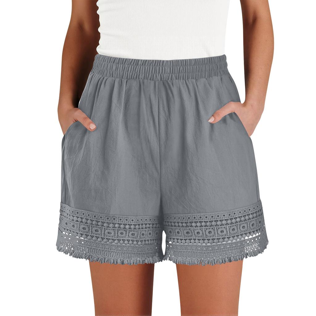 Women’s High Waist Elastic Shorts with Crochet Lace Trim Loose Fit Lightweight Summer Casual Shorts with Pockets