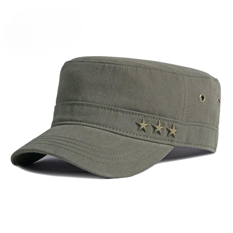 Unisex Cotton Military Cap Flat Top Hat Spring Summer Sun Protection Korean Style Army Cadet Cap Casual Peaked Hat with Star Rivets