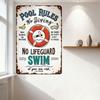 Vintage Rusty Metal Tin Sign Pool Rules No Diving with Cartoon Swimmer Life Preserver - Whimsical Pool Safety Decor for Home Bar