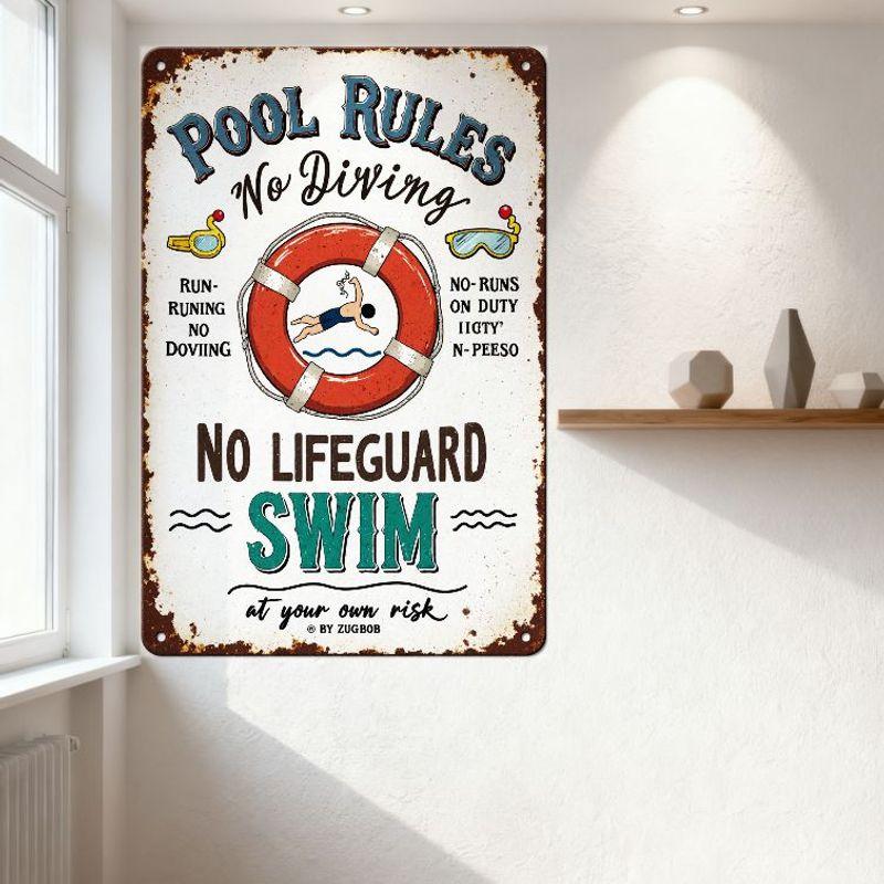 Vintage Rusty Metal Tin Sign Pool Rules No Diving with Cartoon Swimmer Life Preserver - Whimsical Pool Safety Decor for Home Bar