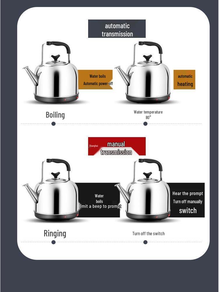 Elektrischer Wasserkocher aus Edelstahl mit großem Fassungsvermögen, automatischer Abschaltung und Pfeife