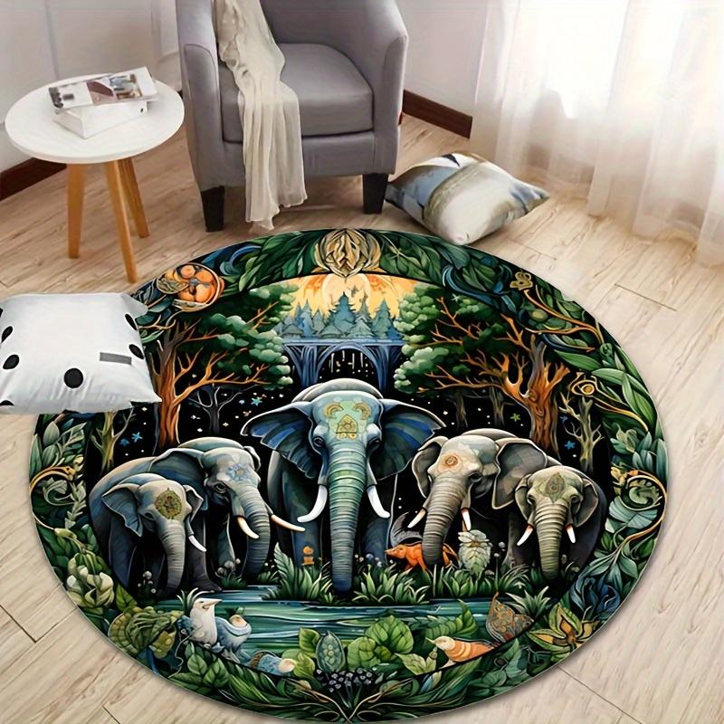 Crystal Velvet Carpet1pc Tropical Rainforest Elephants Mat - Non-Slip Jungle Mat with Elephant Herd, Rubber Backing Floor Mat Fo