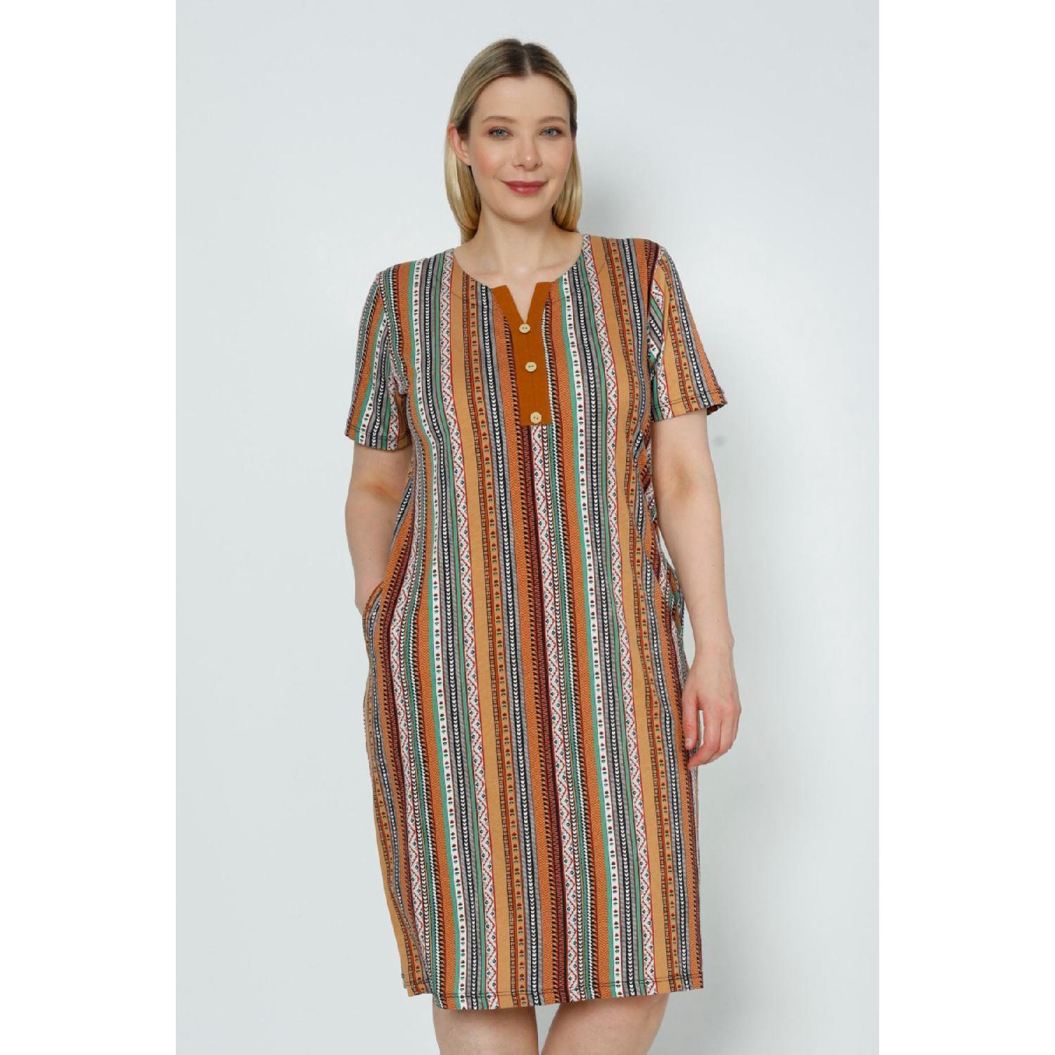 

Woman Short Sleeve Patterned Pocket Large Size Cotton Dress XL чистий