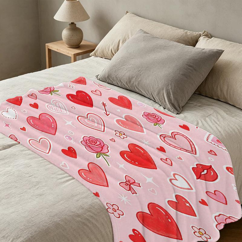 Printed Flannel Blanket, Heart Pattern Series Soft Warm Cozy Throw for Home Dorm Bedroom, Valentine's Gift & Bedroom Decor