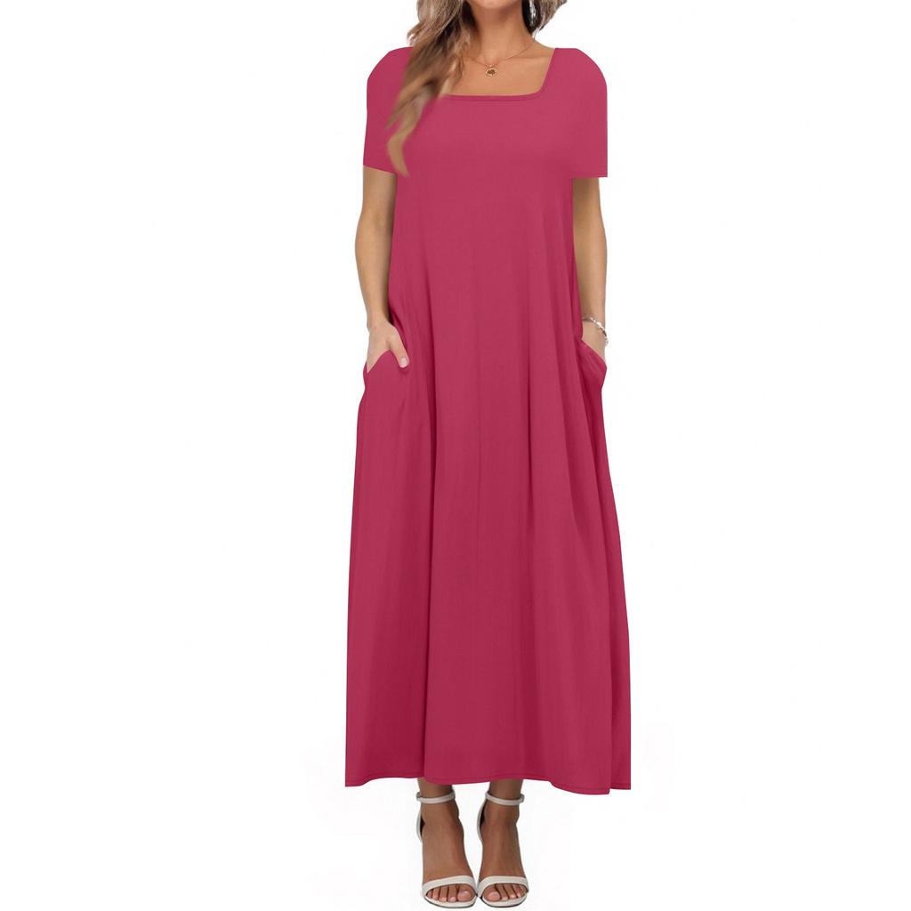 Women's Loose Short-sleeved Solid Color Square Neck Plus Size Dress