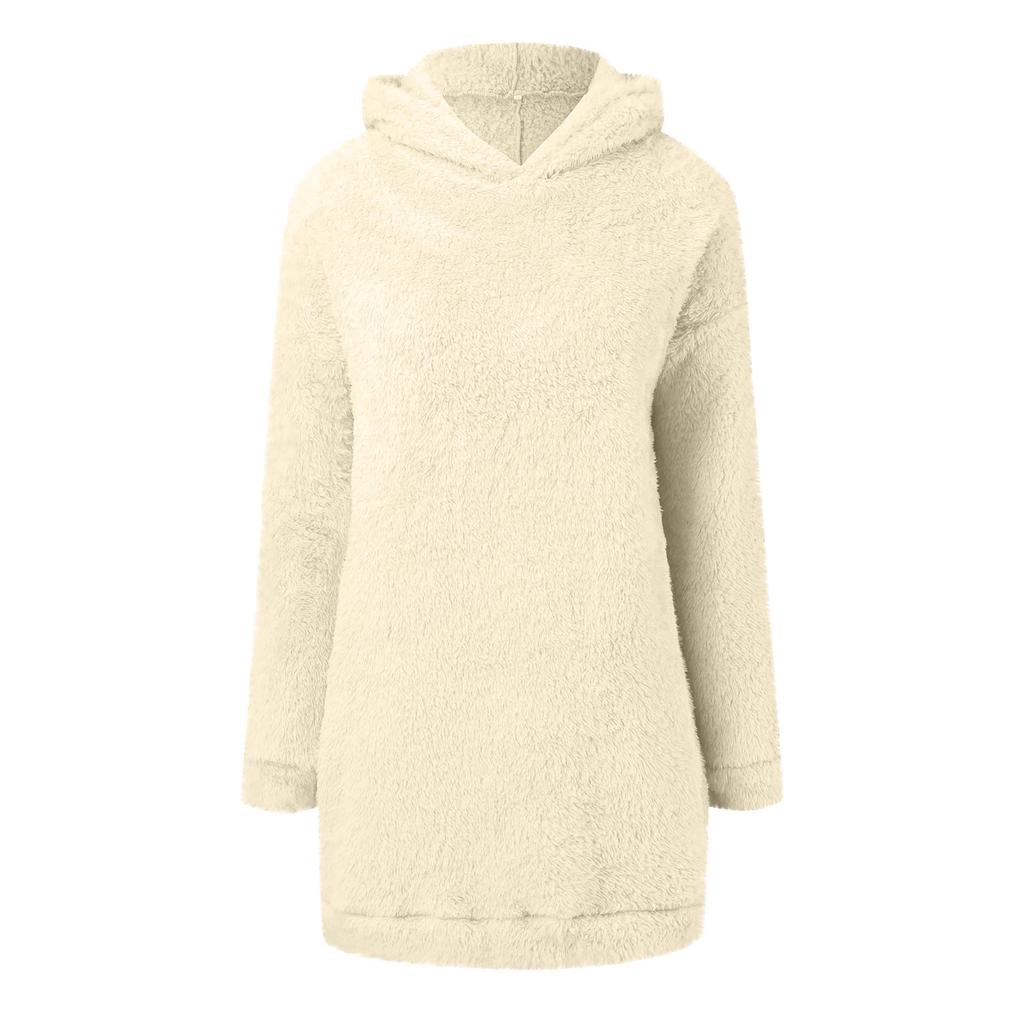 Moda feminina cor sólida com capuz manga comprida vestido de pelúcia solto moletom casual