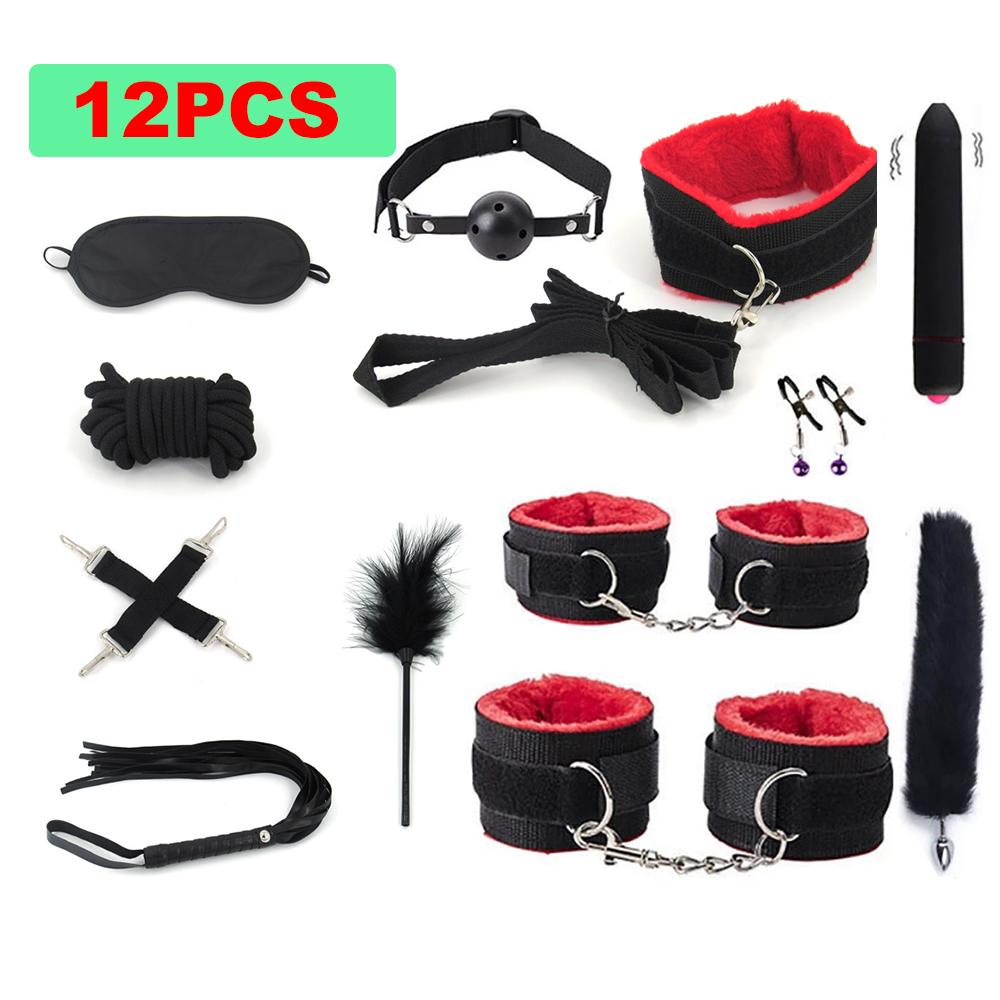 BDSM Bondage Set Sex Product Erotic Toys For Adults Games Plush Leather Handcuffs Nipple Clamps Gag Whip Rope Anal Plug