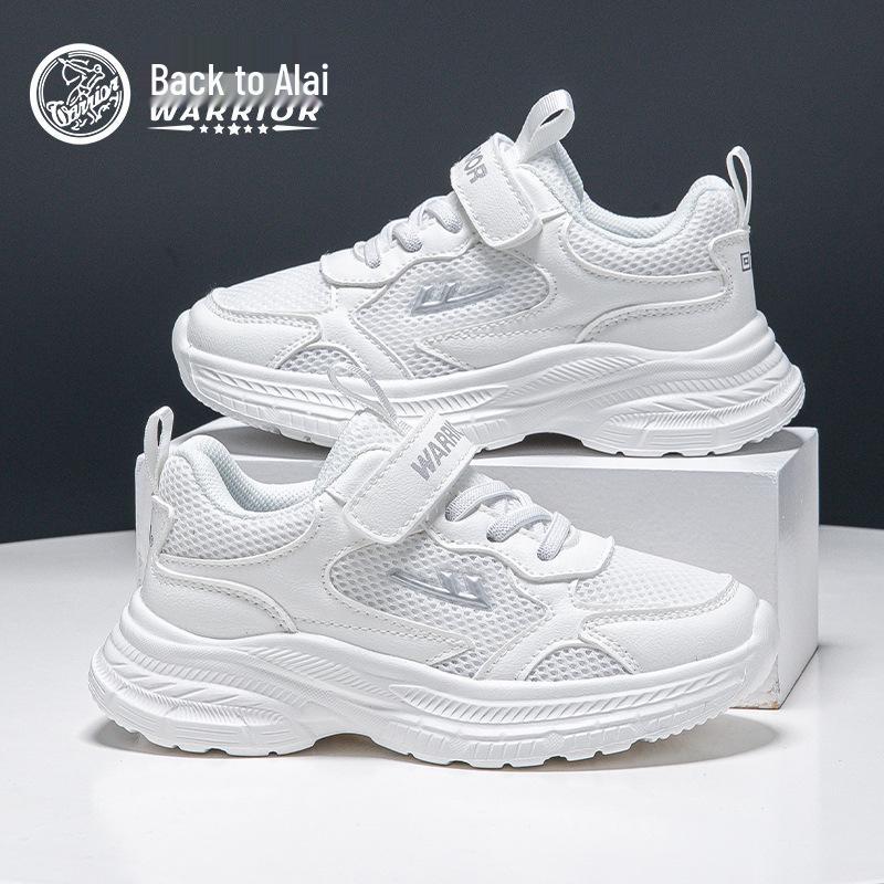 Unisex Kids' White Velcro Sports Shoes - Breathable, Thick-Sole Casual Sneakers for Spring.
