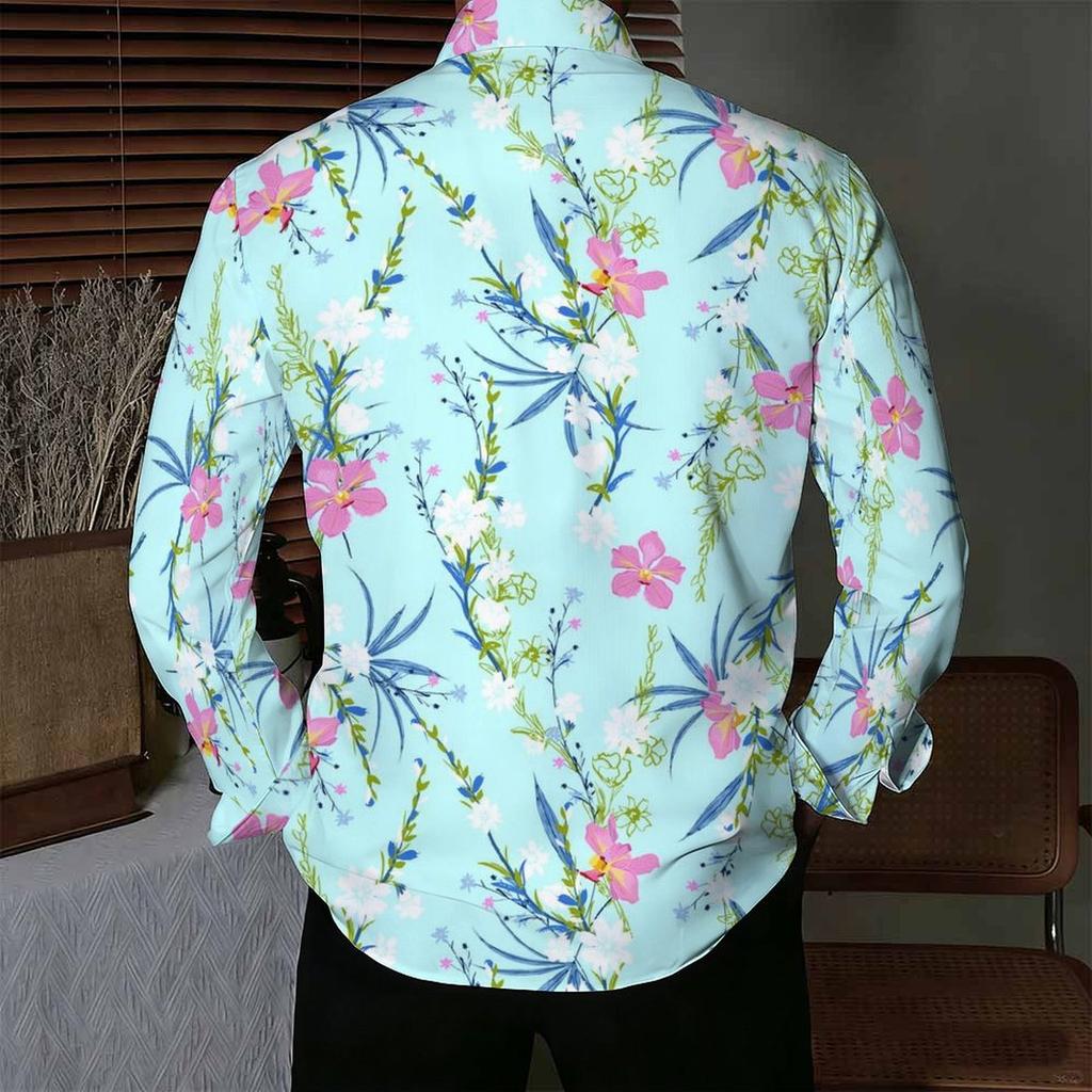Camisa de Hombre con Cuello Estampado de Amapola Silvestre Helecho Blanco Rosa Morado Manga Larga Botones Arriba