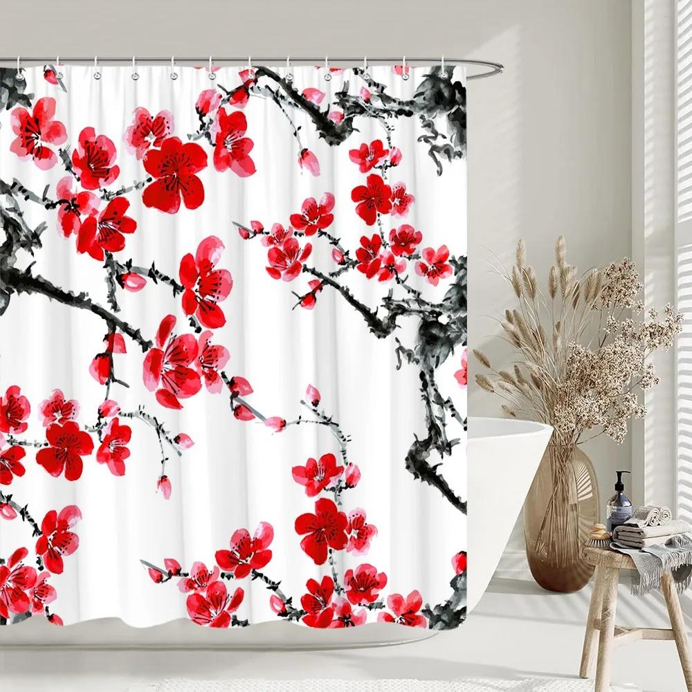 Aesthetic Floral Shower Curtain Watercolour Plum Artist Home Bathroom Decor Polyester Washable Shower Curtains Set With Hooks