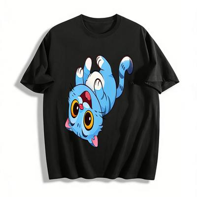 Süßes Blaues Katze Liegend Print T-Shirt für Erwachsene & Kinder Lässiges Atmungsaktives Rundhals Kurzarm Oberteil Reines Baumwoll-T-Shirt