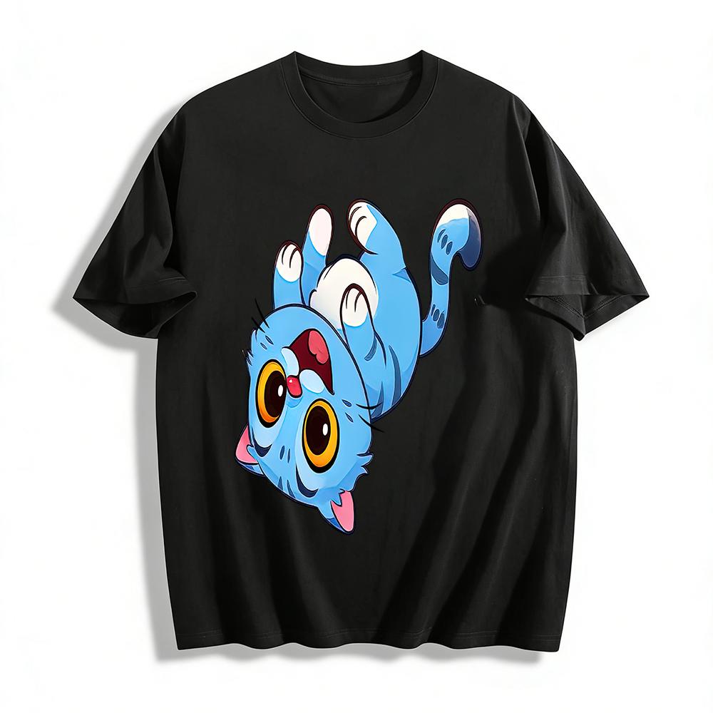 Cute Blue Cat Lying Print T-Shirt for Adults & Kids Casual Breathable Crew Neck Short Sleeve Top Pure cotton T-shirt