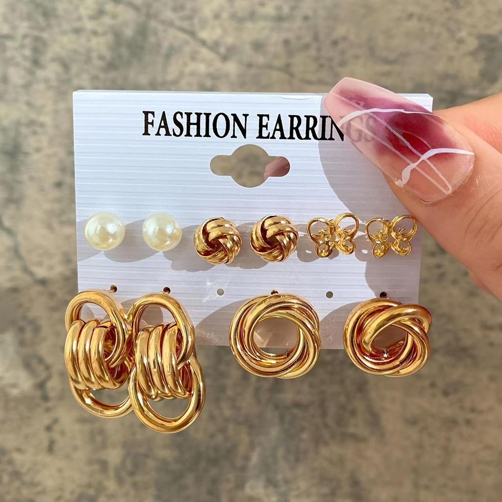 European & American Retro Geometric Hammered Textured Earrings 6-Piece Set: Creative Heart Diamond Stud & Alloy Earrings