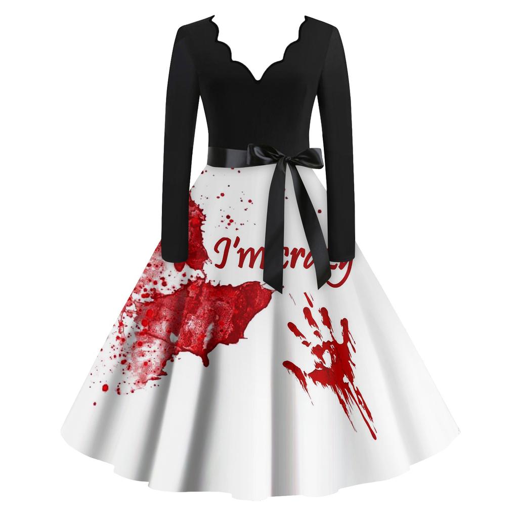 Women's Casual Fashion Long Sleeve  Halloween Graphic Printed Vintage Long Dresses