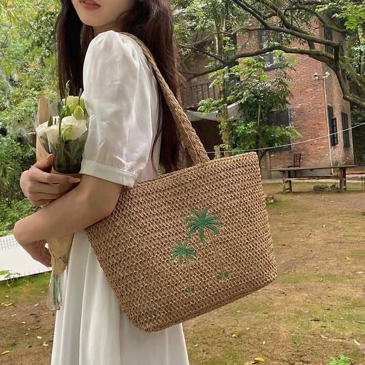 Palm tree embroidered straw tote bag handbag