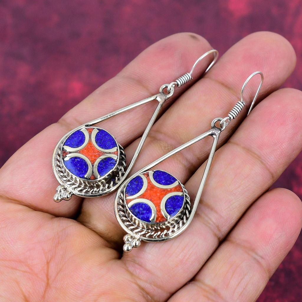 Lapis Lazuli 925 Solid Sterling Silver Earrings, Handmade Gemstone Nepali Earrings Jewelry, Gifts For Wife Brand New Earrings