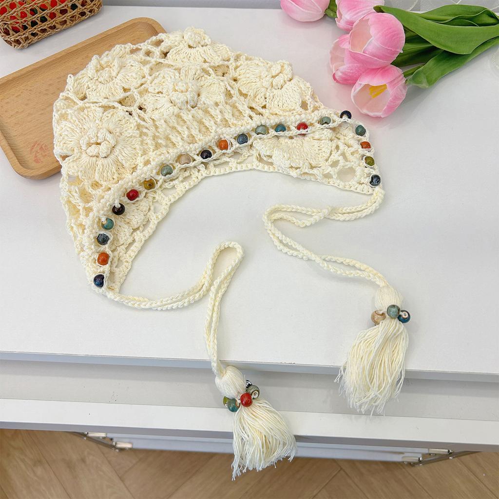Ethnic Style Crochet Beaded Pullover Hat Children Summer And Autumn Fringed Strap Knitted Hat Retro Literary Hollow Head Hat