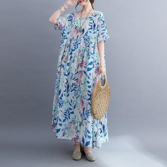 Summer New Literary Age Reduction Large Size Loose and Thin Printed Short-sleeved Long Dress with Pockets Over the Knee Skirt