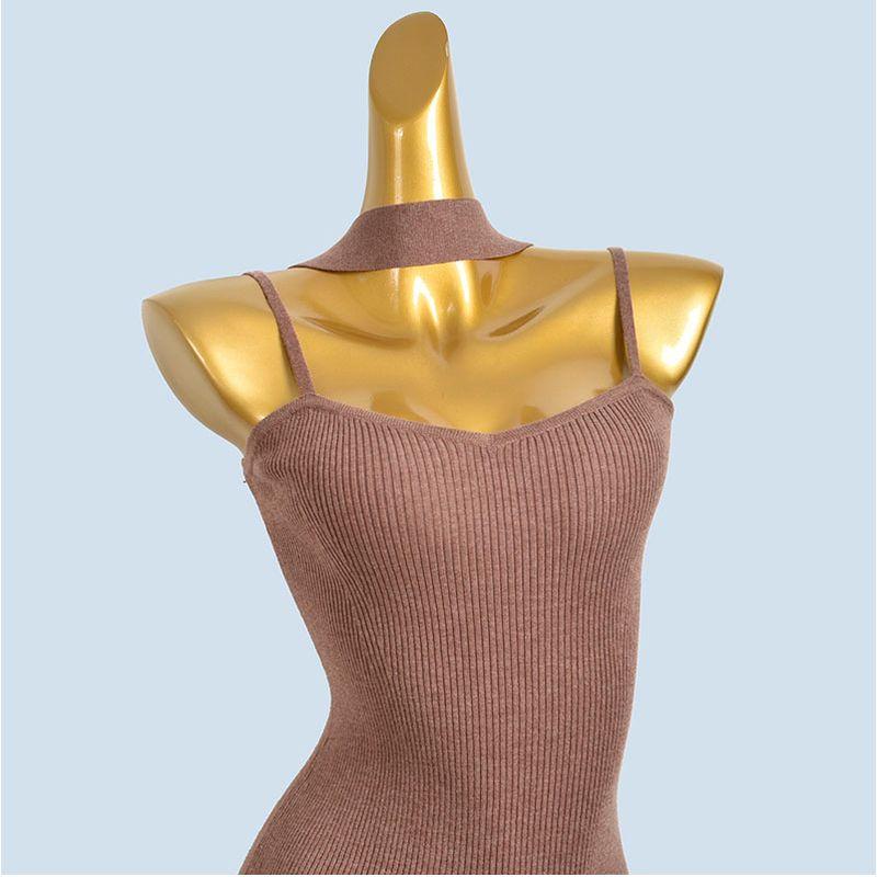 from Cupboard Halterneck with Suspenders Women's French Style Temperament Six Wool Sexy Spring & Fall New Arrival Long Dress Knitted Base Skirt