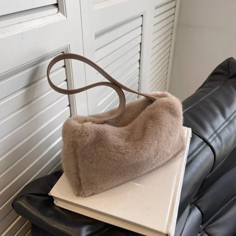 Winter Velvet Zipper Solid Color Product Handbag Simple Fashionable Shoulder Bag Soft Versatile Popular Tote Bag