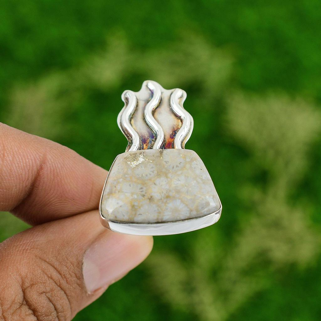 Natural Fossil Coral Gemstone Promise Ring Size 9 925 Sterling Silver For Women