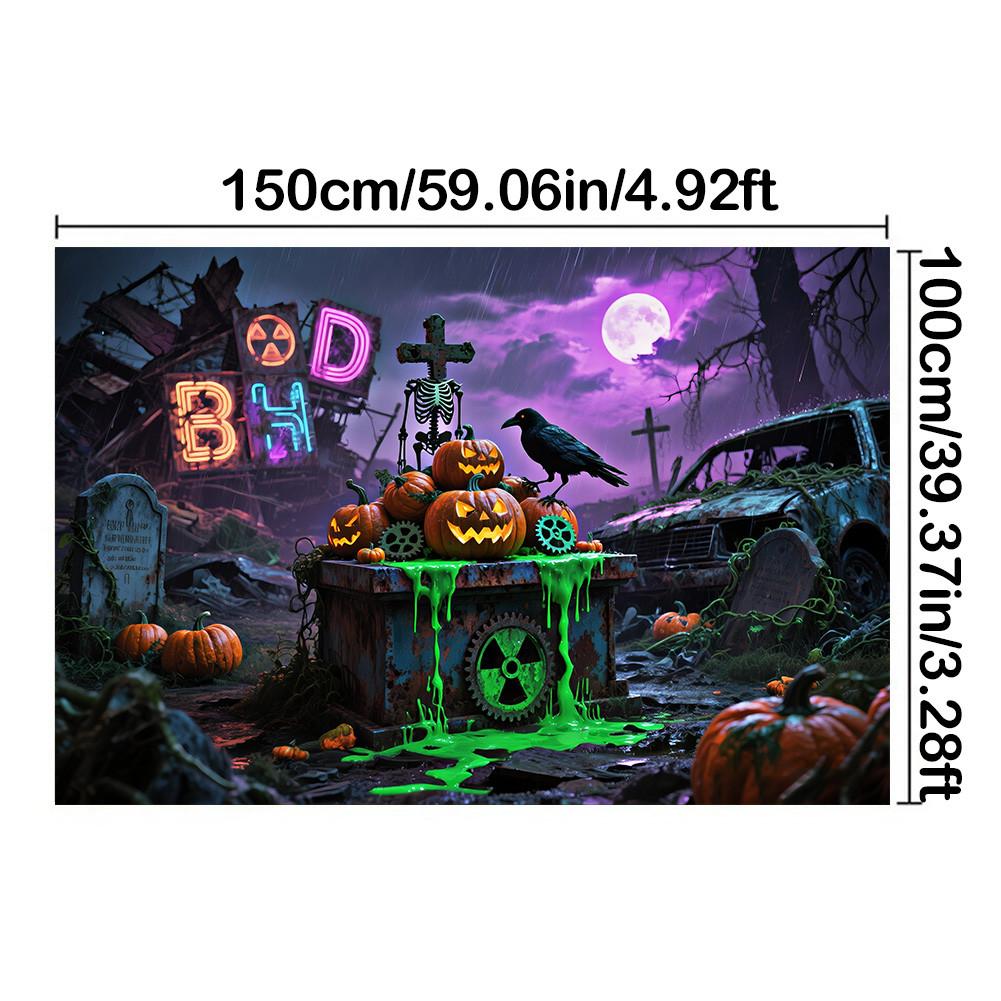 

Полнолуние, Кладбище, Тыквенный фонарь, Дизайн с воронами - Баннер-фон на Хэллоуин для фотобудки, Для помещений/улицы, Праздник 150*100cm/59*39in/5*3ft