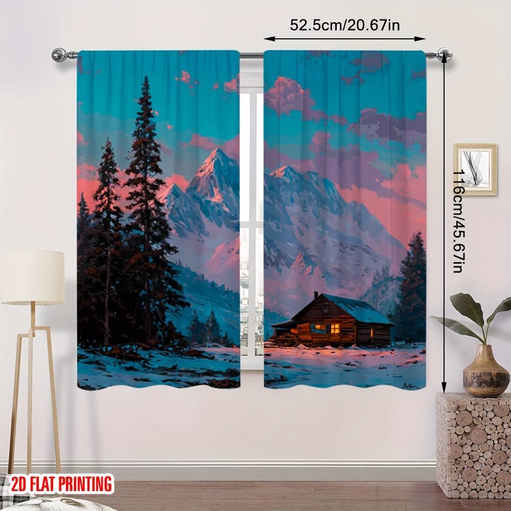 2D Flat   [2D Printed Curtains]   2pcs   winterChristmas   Snow Mountain Cabin and Pine Sunset Design   Polyester   Perfect for Living