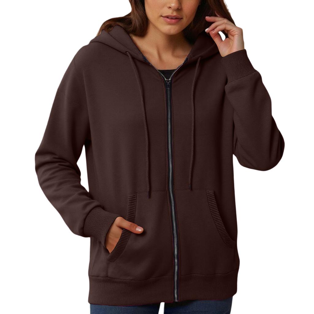 Women's Loose And Comfortable Zipper V-neck Long Sleeved Solid Color Pullover Sweatshirt Jacket