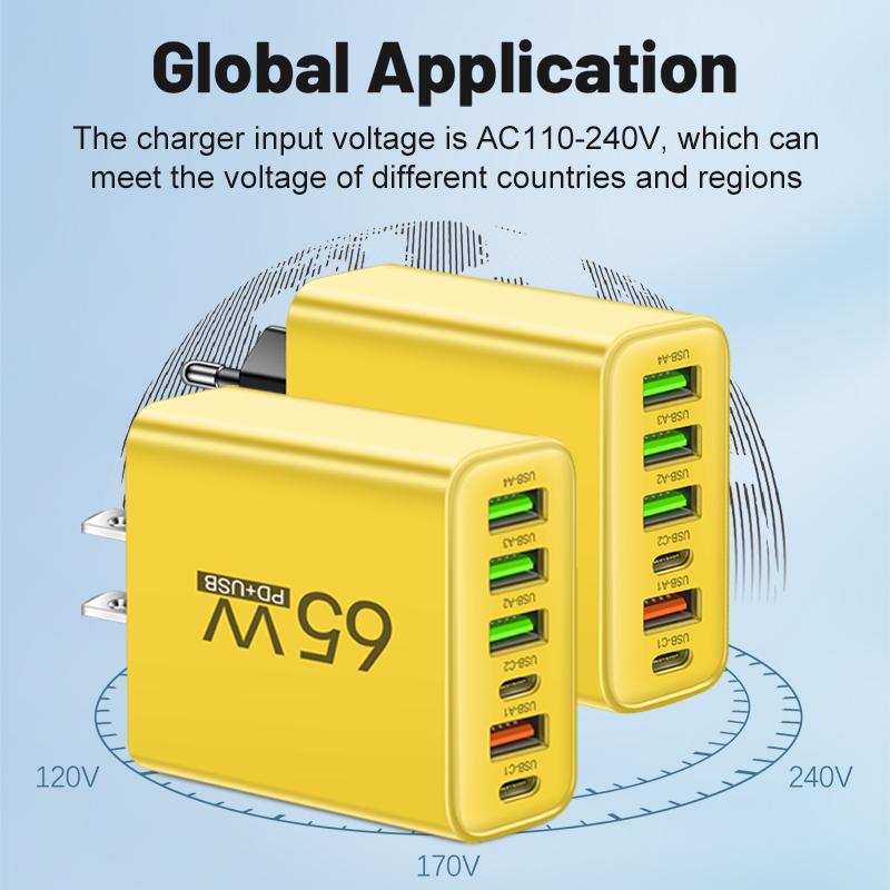 Insgesamt 65W 6 in 1 4 USB 2 Typ C Schnellladung Schnell-Wandladegerät für iPhone Samsung Xiaomi Oppo Handy-Adapter