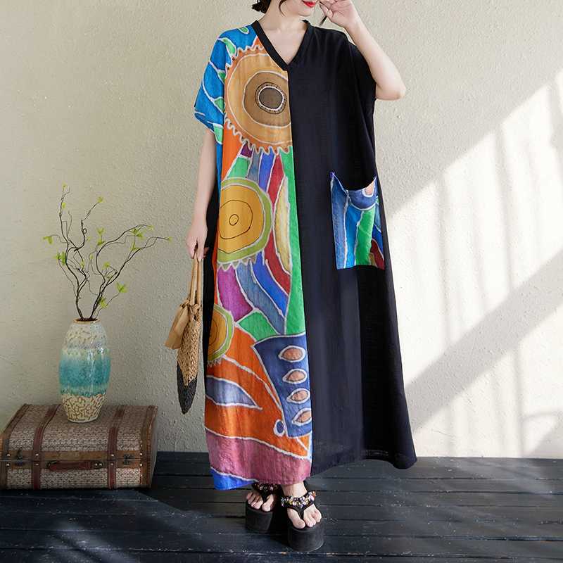 Damen Baumwolle und Leinen Retro Schlankmachendes Kurzarm Color-Blocked Kleid